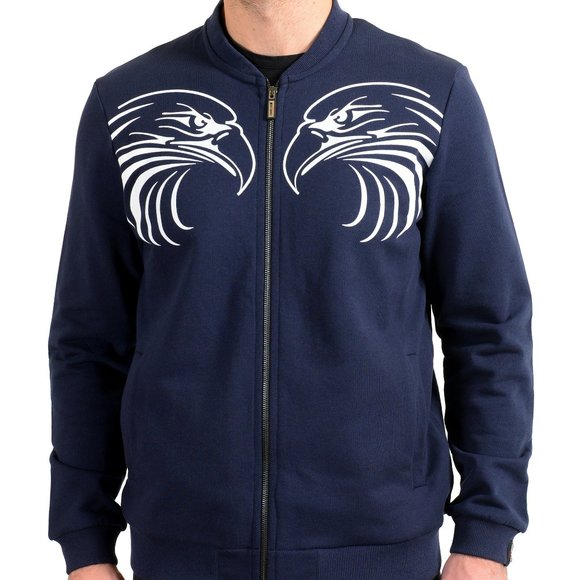 Roberto Cavalli Sport Men's Navy Blue Full Zip Graphic Print Track Bomber Jacket